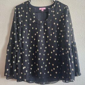 Lilly Pulitzer Blouse Womens XS Black Gold Metallic Silk Bell Sleeve Top 28745